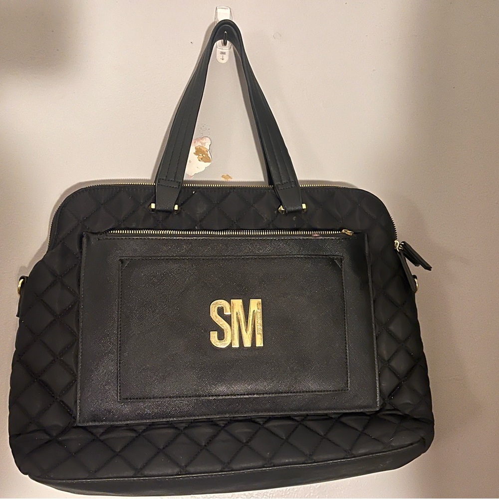 Steve Madden Black Quilted Laptop Bag with Gold Initials
